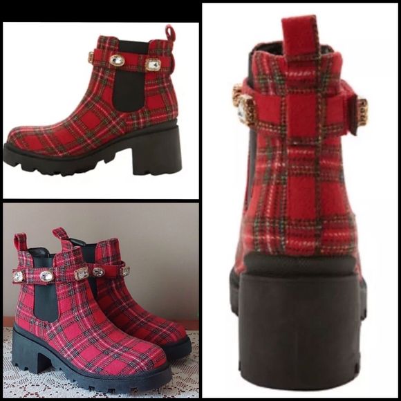 Sugar Shoes - SUGAR-Favorite Red Black Plaid Rhinestone Chunky Heel Chelsea Ankle Boot